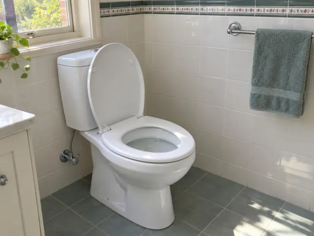 Clean white toilet in a tiled bathroom with a towel rail and window in Helensburgh