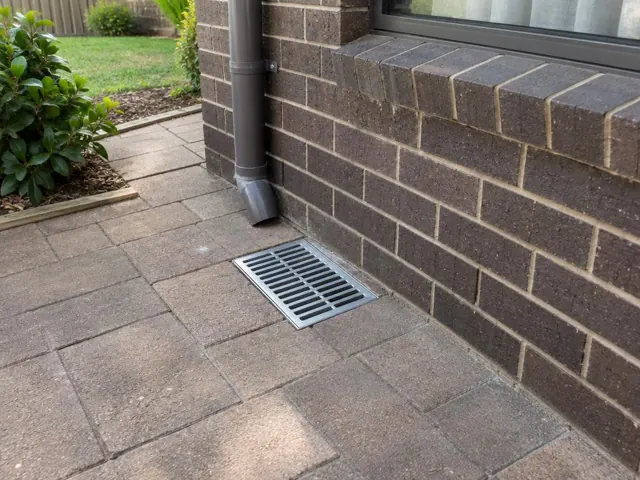 Outdoor gully grate set in dry paved patio beside a brick house wall in Engadine