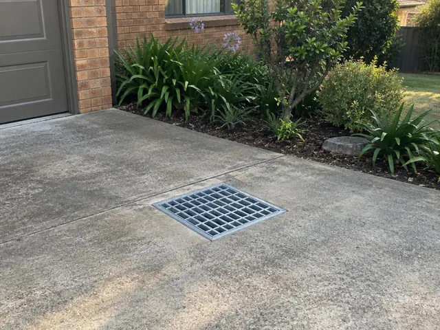 Flush stormwater grate in a concrete driveway beside a brick house and garden in Sutherland
